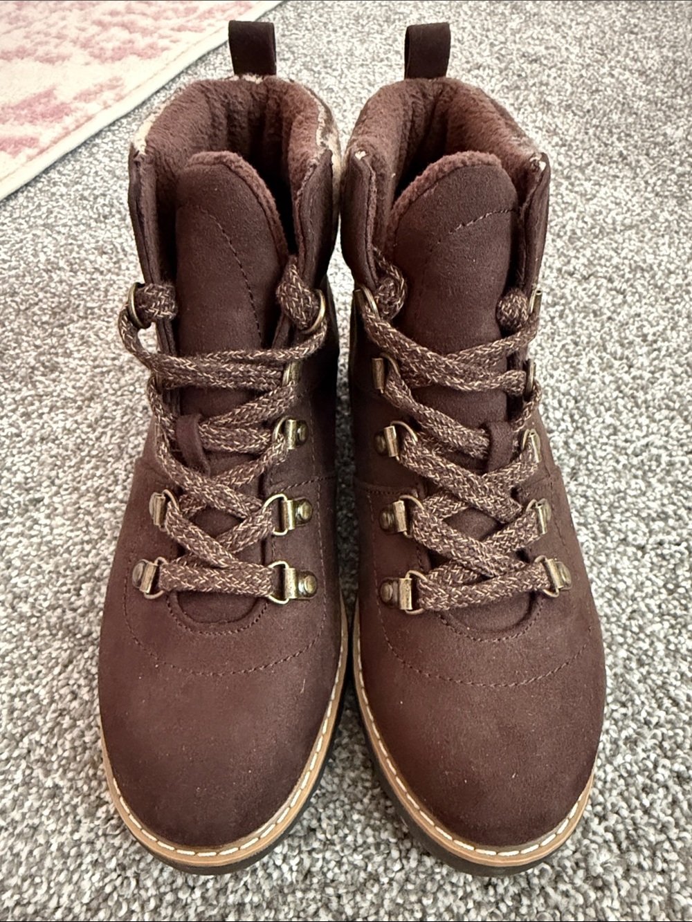 Women's Brown Suede Lace-Up Ankle Booties with Plaid Cuff - Picture 2 of 6